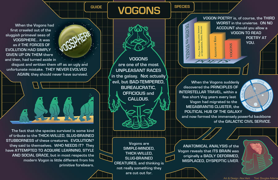 Les Vogons sont l'une des races les plus déplaisantes de la galaxie. Pas vraiment mauvais, mais toujours de mauvaise humeur, bureaucratiques et insensibles.