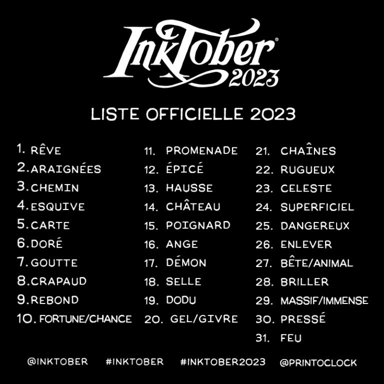 La liste des thèmes Inktober, utilisée par PhotoOctober