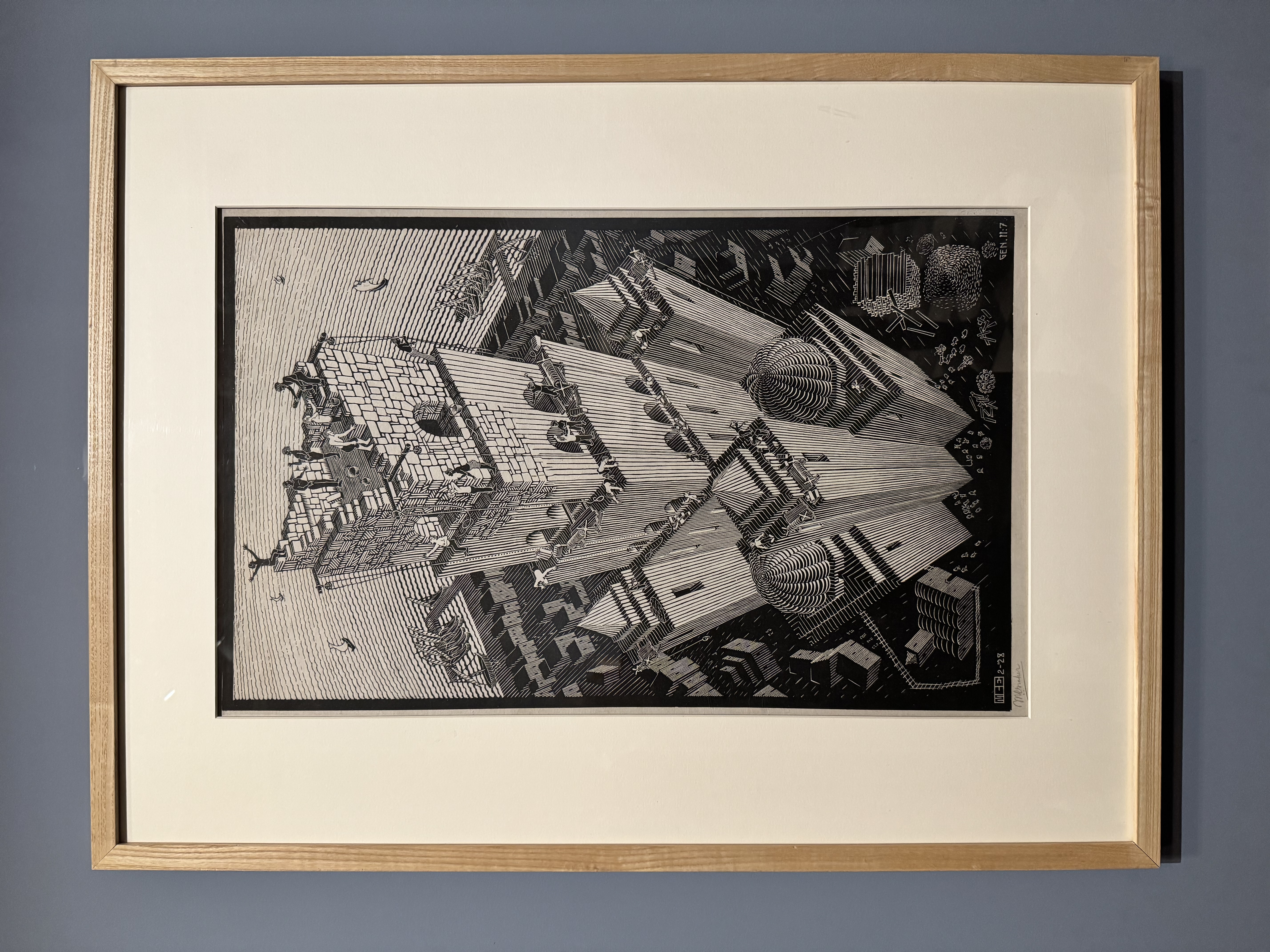 Une xylographie montrant la tour, déjà bien haute mais toujours en construction